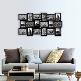 Jerry & Maggie - Photo Frame 17x33 Long Rectangle Picture Frame Selfie Gallery Collage Wall Hanging for 6x4 Photo - 18 Photo Sockets - Wall Mounting Design (Black | 18 Pieces Gallery)