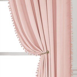 YURIHOME Pom Pom Velvet Curtains 96 Inches for Bedroom, Pink Velvet Curtains- Thermal Insulated Room Darkening Sun Blocking Rod Pocket Window Drapes for Living Room, 2 Panels, 52 x 96 Inches