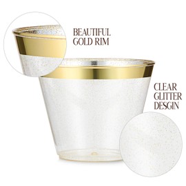 CHATEAU FINE TABLEWARE 100 Pack 9oz Plastic Cups Gold Glitter with a Gold Rim - Premium Party Cups - Elegant and Classy Sturdy Cups - Weddings Birthdays Anniversaries and Other Social Events