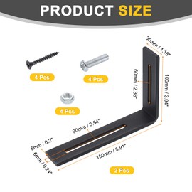 sourcing map 2Pcs Adjustable L-Shape Corner Brace, 100 x 150 x 30mm l Corner Brace Slotted Joint Right Angle Bracket with Screws for Fixing Furniture Wood Shelves Cabinet Shelf, Black