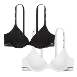 Victoria's Secret Women's Pink Wear Everywhere Lightly Lined T-Shirt Bra Bundle, Bras for Women, Black/White Logo, (36D)