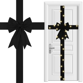 Spiareal Christmas Cabinet Door Ribbon Bow with LED Light Large Velvet Christmas Wreath Glowing Bow Xmas Tree Decor Festival Wrapping Decorations for Fireplace Home Front Door(Black)