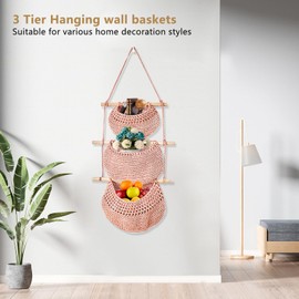 3 Tier Cotton Rope Hanging Basket Organizer, Over-the-Door Boho Wall Decor for Kitchen, Bedroom, Bathroom, Space-Saving Storage for Fruits, Vegetables, Books & Essentials (Gray)