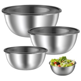 Velicber Stainless Steel Bowl Set of 3 with Transparent Airtight Lid (2.1 L + 1.2 L + 0.7 L) Mixing Bowl Salad Bowl Set, Stackable & Dishwasher Safe for Kitchen, Baking, Storage