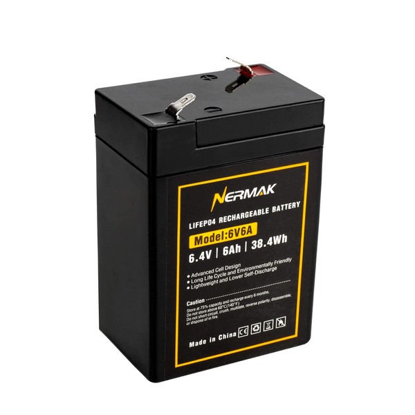 NERMAK 6V 6Ah LiFePO4 Lithium Battery, 2000+ Cycles Rechargeable Lithium Iron Phosphate Battery for Emergency Light, Lantern, Kids Ride On Car, Deer Game Feeder and More with BMS (F1 Terminals)