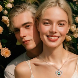 FANCIME Emerald Necklace 925 Sterling Silver Heart Rose Flower Pendent May Birthstone Anniversary Birthday Christmas Gifts Jewellery Gifts for Women