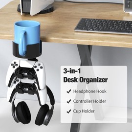 WANYISHUN 3 in 1 Desk Cup Holder with Headphone and Controller Stand, Universal Adjustable & 360° Rotating Clamp on Under Desk Headphone Hanger for Mugs, Headsets, Gamepads, Phone and Pen