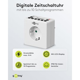 Goobay 93256 Digitale Zeitschaltuhr Innen – Geräuschlos - Programmierbar - Dauerbetrieb möglich – 10 Schaltprogramme - Back Up Akku f. 4 Tage – Unauffälliges Design