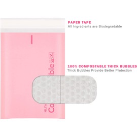 6x10 100% Biodegradable Bubble Mailers,25 Count Pink #0 Compostable Padded Packaging Wrap Envelopes Pouches Eco Friendly Self Seal Bags