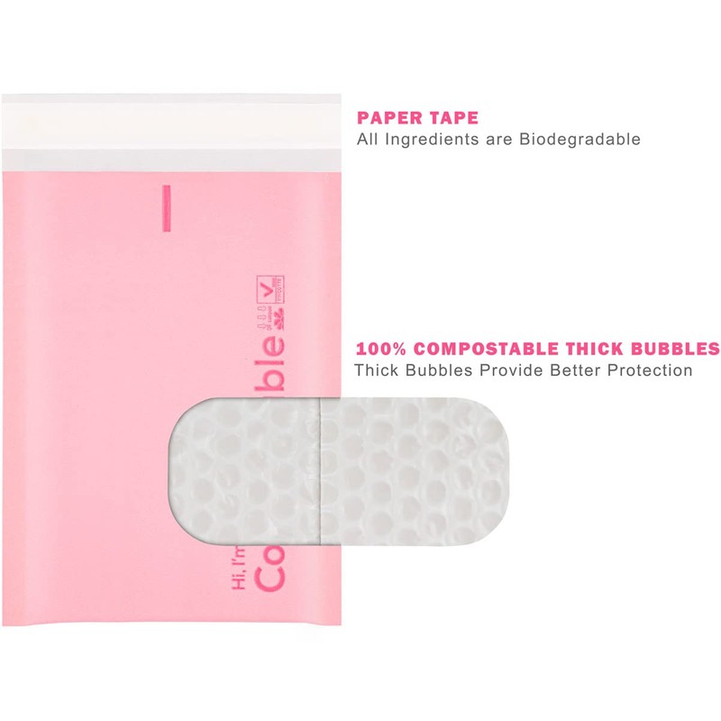 6x10 100% Biodegradable Bubble Mailers,25 Count Pink #0 Compostable Padded