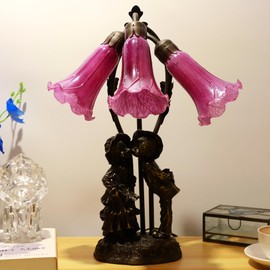 ANYONGLU Lily Lamp Tiffany Style Table Lamp 18.5 Inch Tall Tulip Flower Accent Desk Lamp with Bronze Resin Sculpture Base (3-Light/Purple)