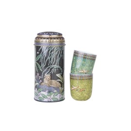 IMAGES D'ORIENT Gift Set 2 in 1 Metal Tins with 2 x 90 ml Porcalain Espresso Cups Mocha Cups Jangala Oriental Pattern Green/Colourful