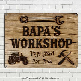 Bapa’s Workshop Toys Fixed for Free, 11.5 x 15.5 Inch Aluminum Sign, Vintage Workshop and Garage Signs Wall Decor, Gifts for Papa, Dad, Pop, Woodworking, Woodturning, Cabinet Maker, Mechanic