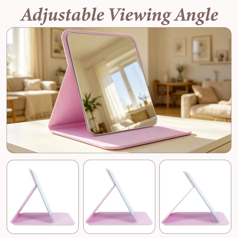 FINDCOZZIE Pink Folding Travel Mirror, 6x4 inches PU Portable Adjustable