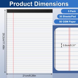 sitarcmin Legal Pads A4, 5 Pack White Notepads A4 30 Sheets/60 Double-Sided Pages Per Writing Pad, Lined Pad College Ruled 0.8mm, Perforated Tear-Off Note Pads for School Office Home (29.2 x 21cm)