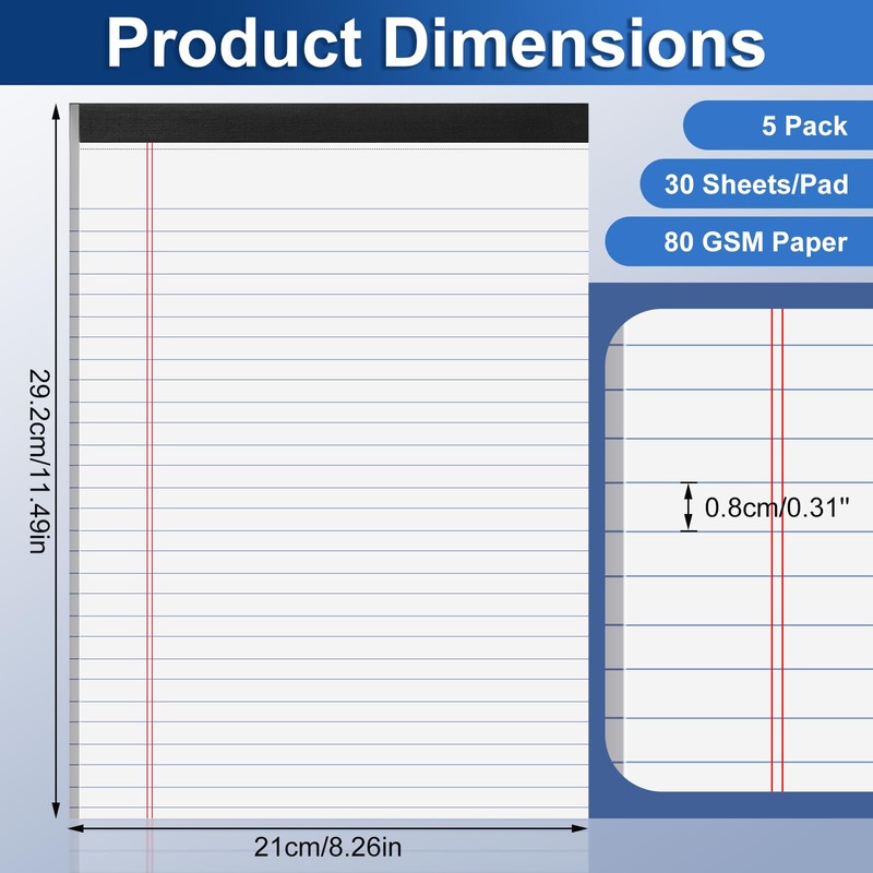 sitarcmin Legal Pads A4, 5 Pack White Notepads A4 30