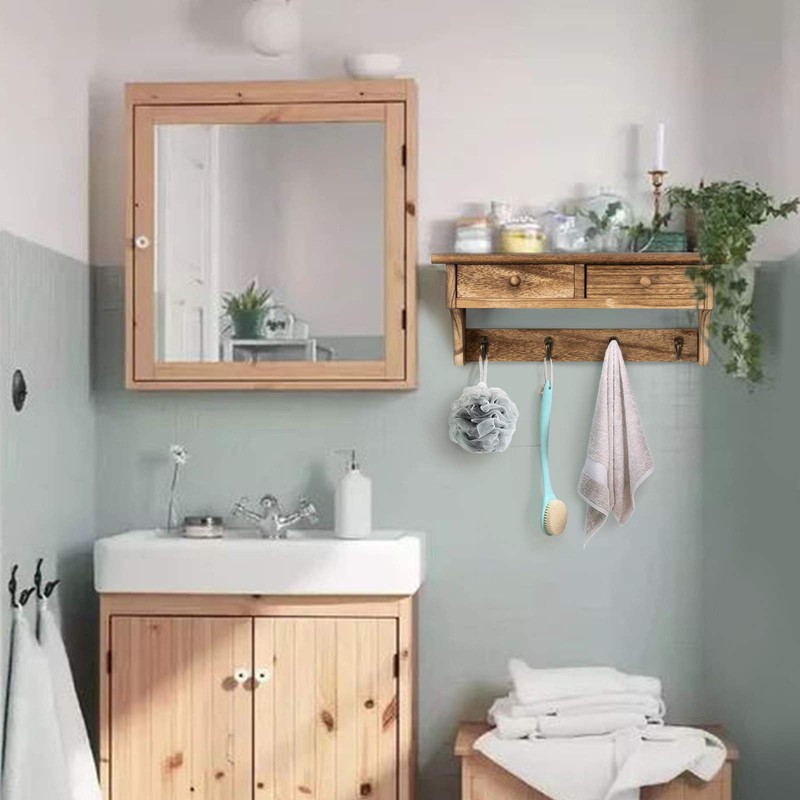 Emfogo Coat Hooks Mounted, Rustic Wood Coat Rack Mount Shelf