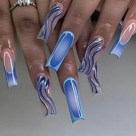 Extra Long Press on Nails Square French Tip Fake Nails Blue Gradient Glue on Nails Full Cover False Nails with 3D Wave Stripes Design Acrylic Glossy Artificial Nails for Women 24Pcs