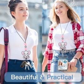 TONJOY Teacher Lanyards for Id Badges Reel - Retractable Keys Holder Cute Elephant Beaded Card Keychain for Women Student Work School Office