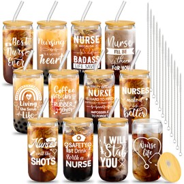 Uiifan 12 Pcs Nurse Gifts for Women 16 oz Can Shaped Glass Cups with Lids and Straw Funny Nurses Week Appreciation Gifts Nurse's Day Gift for Christmas Graduation Birthday School Supplies (Classic)