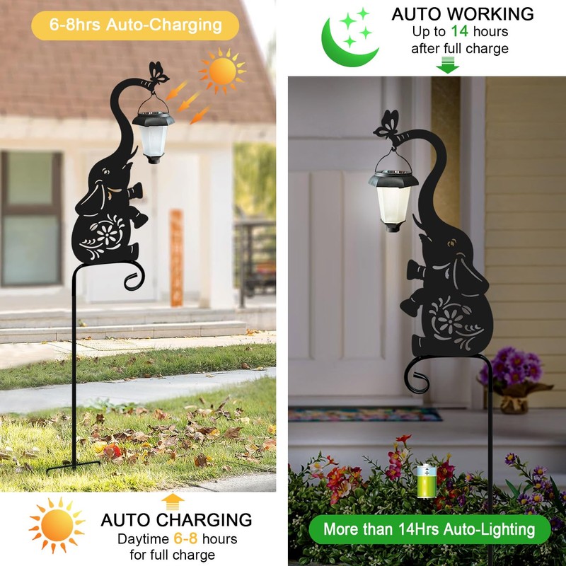 Hokfirm Metal Elephant with Solar Lantern Garden Stake,Garden Lights Solar