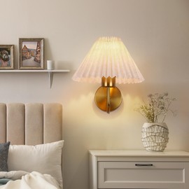 Dolymoly Gold Wall Sconces Sets of 2, Indoor Wall Light Fixtures with Fabric Lampshade, Pleated Fabric Wall Lamp Dresser Hardwired Lamp Wall Lighting Fixture for Bedroom Living Room Porch Dining Room