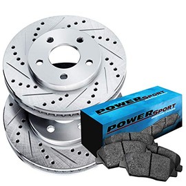 Power Sport For 2013-2019 Nissan Sentra Front Silver Zinc Cross Drilled Slotted Brake Rotors Kit + Semi-Metallic Brake Pads