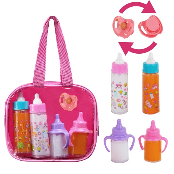 Exquisite Buggy FASH N KOLOR My Sweet Baby Disappearing Doll Feeding Set | Baby Care 4 Piece Doll Feeding Set for Toy Stroller | 2 Milk & Juice Bottles with Toy Pacifier for Baby Doll