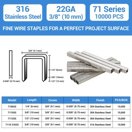 meite 22 Gauge 71 Series 316 Stainless Steel Upholstery Staples, 3/8-Inch Crown 3/8-Inch Length Fine Wire Staples Marine Upholstery Staples for Stapler Gun (10,000 Counts)