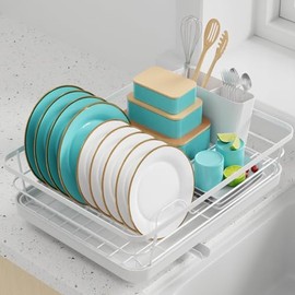 Sakugi Dish Drying Rack - Stainless Steel Dish Rack with Drainboard for Kitchen Counter and Sink, 15.6" D x 12" W x 5" H, White