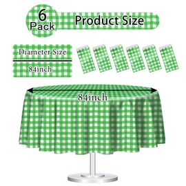 HEIPINIUYE 6 Pack Green and White Round Checkered Tablecloth 84 ×84 Green Plaid Table Cover Disposable Tablecloth for Round Tables Party Picnic Camping Birthday Checkered Round Plastic Table Cloth