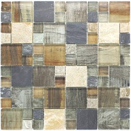 TBSSG-06 Random Size Grey Brown Wood Look Glass and Stone Mosaic Tile-Kitchen and Bath backsplash Wall Tile (1 Sheet)