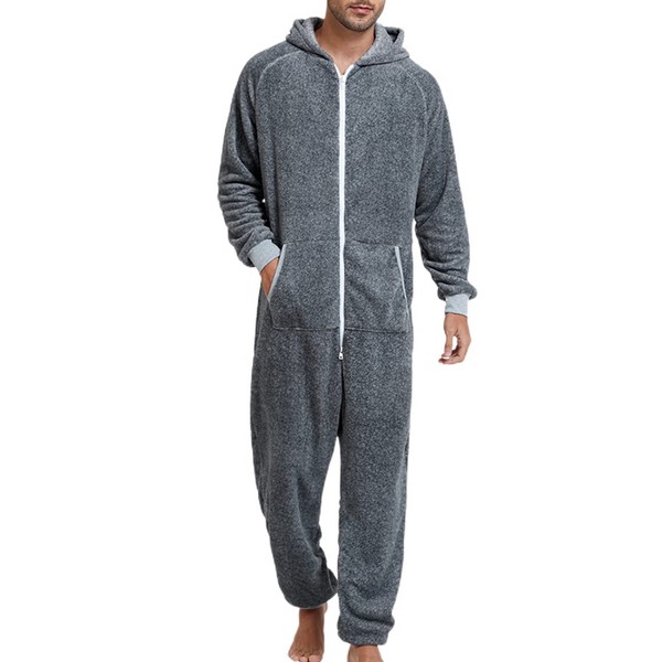 Lu's Chic Men's Hooded Onesie Pajamas Lightweight Fuzzy Fleece Full