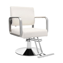 Height Adjustable Hair Stylist Chairs Salon Chair, 360° Rotatable Barber Chair with Armrest & Footrest, Pump PU Cushion Backrest Chair, Spa Beauty Equipment, 440.92lbs Load (Off-white and Silver)