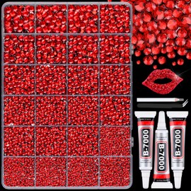 25000Pcs Resin Rhinestones with B7000 Jewelry Glue for Crafting, Red 2-6mm Non Hotfix Flatback Gems, Bedazzling Crystal for DIY Crafts Clothing Tumblers Mugs Shoes Fabric Decor Nail Art