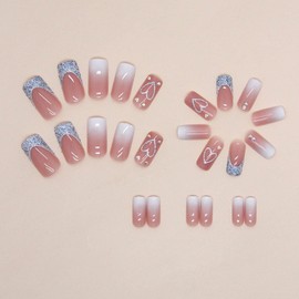 Pink Fake Nails Medium Short Press on Nails French Acrylic Blue Glitter Nails Ombre Translucent Nails Press ons Heart & Rhinestones Glue on Nails Cute False Nails for Women 24 Pcs