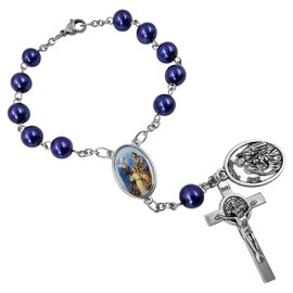 TALISMAN4U Saint Benedict One Decade Rosary for Car Rearview Mirror Holy Family Medal 8mm Glass Prayer Beads Catholic Evil Protection Auto Rosary Bracelet for Women Men (Blue Rosary Beads)