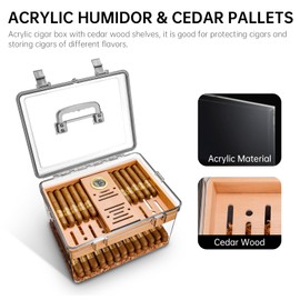 CLZOONG Acrylic Cigar Humidor Set with Humidifier and Hygrometer, Transparent Humidor Built-in Cedar Shelf, Portable Desktop Humidor Can Store About 100 Cigars (Large Size)
