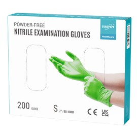 EUROPAPA® 200 Disposable Nitrile Gloves, Powder-Free, Examination Gloves, EN455, EN374, Latex-Free, Sizes S, M, L & XL Available (S, Green)