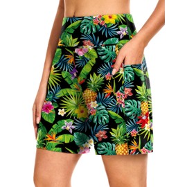 Blouty Women's 7" Long Swim Board Shorts with Pockets Liner High Waisted Quick Dry Beach Swimming Shorts for Women (Pineapple, Medium)
