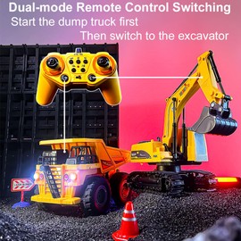 RC Excavator and Dump Truck Toy Set for Kids, 2.4Ghz 11 Channel Dual Control Remote Control Construction Vehicle with Light, Sound, Music & Auto Demo, Christmas Birthday Gifts for Boys Girls Ages 3-8