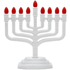 Aviv Judaicah - Menorá eléctrica LED con bombillas E12 naranjas – 12 símbolos tribes, estilo Knesset blanco Chanukiah electrónico USB Hanukkah luces por Aviv Judaicah