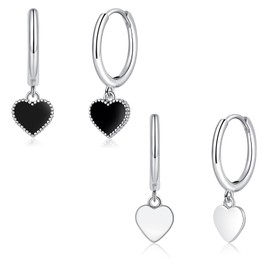 Cangall Silver Drop Hoop Earrings for Women Girls, 2 Pairs 925 Sterling Silver Hoop Earrings with Heart Dangling Charm, Hypoallergenic Small Cute Cartilage Cuff Silver Sleeper Heart Dangle Earrings