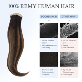 DOORES Human Hair Extensions Tape in, Balayage Dark Brown to Chestnut Brown Real Hair Extensions 40pcs 24 Inch 100g, Tape in Straight Natural Hair Extensions Skin Weft