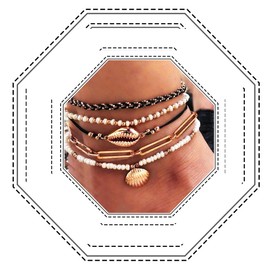 Jovono Boho Multilayer Anklet with Beads, Shells, Beach Beads, Foot Jewelry for Women and Girls (Pack of 5), Pearl shell