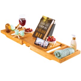 Wooden Bathtub Tray - Foldable Expandable Bamboo Bath Tray for Tub with Wine Holder, Book & Tablet Stand - Bath Caddy for Bathtub, Spa Bath Accessories for Women, Tub Tray Table, Gift for Her or Him