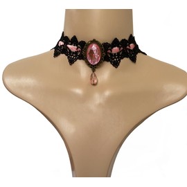 Youniker Retro Handmade Choker Necklace for Women Gothic Black Lace Necklace for Halloween Punk Costume Party Royal Court Vampire Choker (Pink Necklace)