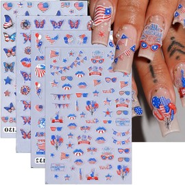 4 Sheets 4th of July Nail Stickers for Nail Art Independence Day Nail Decals 3D Flower Butterflies Lips Heart Star Self-Adhesive Nail Art Stickers Patriotic American Flag Nail Decor for Women DIY