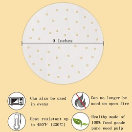 Air Fryer Liners - 7" 8.5" 9"10" Parchment Paper Bamboo Steamer liners Perforated Anti-stick Waterproof 100% Pure Raw Wood Pulp by EBIGIC