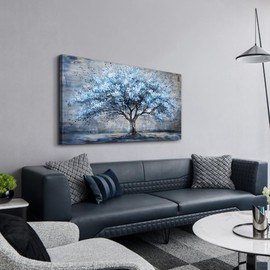 FUHAIHUA Large Wall Decor for Living Room Canvas Wall Art for Office Modern Wall Decorations for Bedroom Blue Tree Landscape Paintings Abstract Pictures Artwork Farmhouse Room Home Decor 24x48 in
